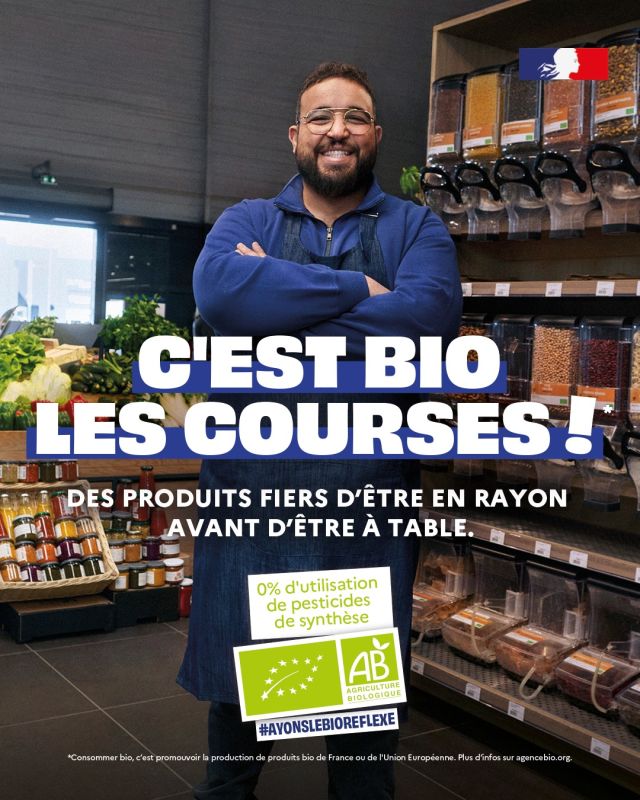 🥬 C’est bio les courses !

Ayons le bio réflexe jusque dans le panier 🧺

✅ Que ce soit au supermarché, à l’hypermarché, au magasin bio, à la ferme, chez le boucher ou le primeur, le bio c’est garanti sans pesticides synthétiques et derrière le label, ce sont 85 000 opérateurs dont 61 000 fermes qui produisent proprement, sans abîmer les abeilles ou la nappe phréatique…

🤗 Faire les courses en bio, quel plaisir !

#TransitionAgricole #TransitionAlimentaire #Bio #Ayonslebioreflexe