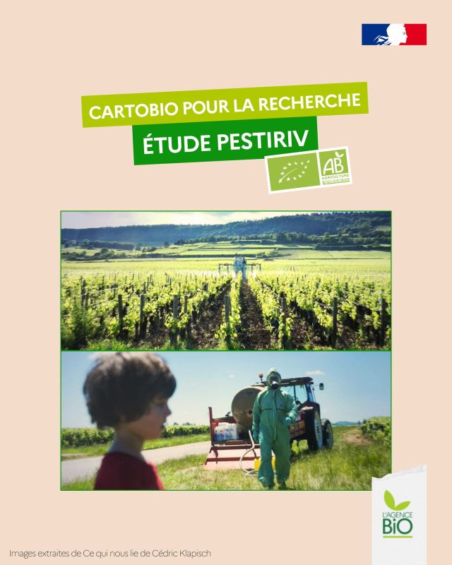 🥹 On est fier !

🔬 L’outil propriétaire développée par l’Agence BIO Cartobio est un outil pour la recherche de Santé publique France et l’Anses.

🗝️ A la clef : l'étude PestiRiv qui s’appuie sur les données parcellaires de Cartobio pour savoir où est cultivé le bio sans pesticides de synthèse à côté des riverains (d’où le nom de l'étude 🤓)

🍇 L'étude PestiRiv s’est appuyé notamment sur Cartobio pour déterminer s’il existe une différence de santé entre l'exposition aux pesticides des personnes vivant près de vignes et de celles vivant loin de toute culture.

👉 Retrouvez l'étude sur le site de Santé Publique France.

🎥 Et on vous conseille le film Ce qui nous lie avec Pio Marmaï pour en parler !

#TransitionAgricole #TransitionAlimentaire #Bio #Ayonslebioreflexe